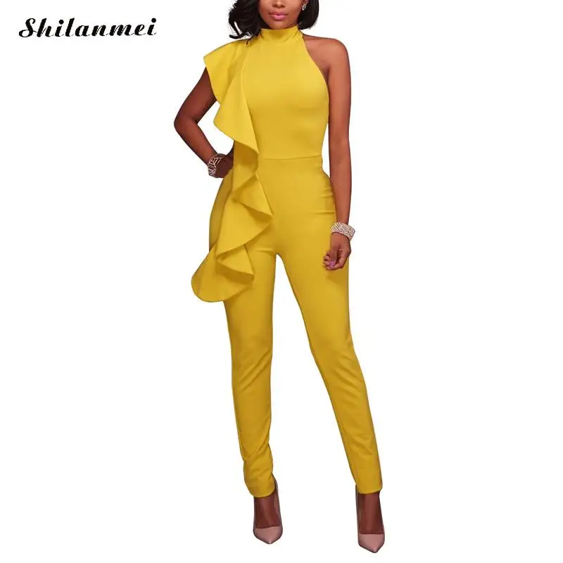 

Gothic ruffle jumpsuits for women yellow white long rompers sleeveless High Waist off shoulder club party body feminino overalls