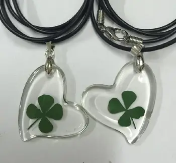 

FREE SHIPPING 18 pcs real green jewelry natural four leaf clover heart lucid bottom pendant