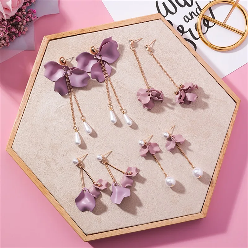 3*Korean Version of the Popular Fashion Purple Petal flower long Earrings Jewelry Girl Simulation Pearl Crystal | Украшения и