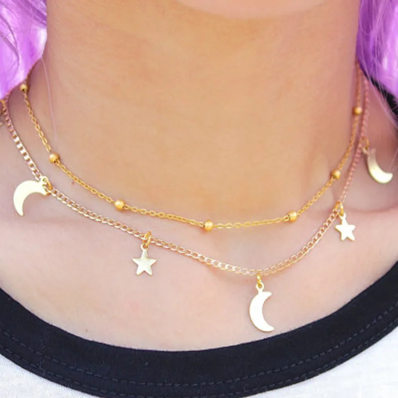 Docona Trendy simple Moon Star Charm Choker Necklace for Women Gold and