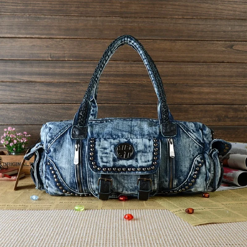 New Fashion Blue Unisex Women Men Girls Big Side Packet Cotton Jeans Totes Casual Travel Bags Duffle Cross Body bolsa feminina