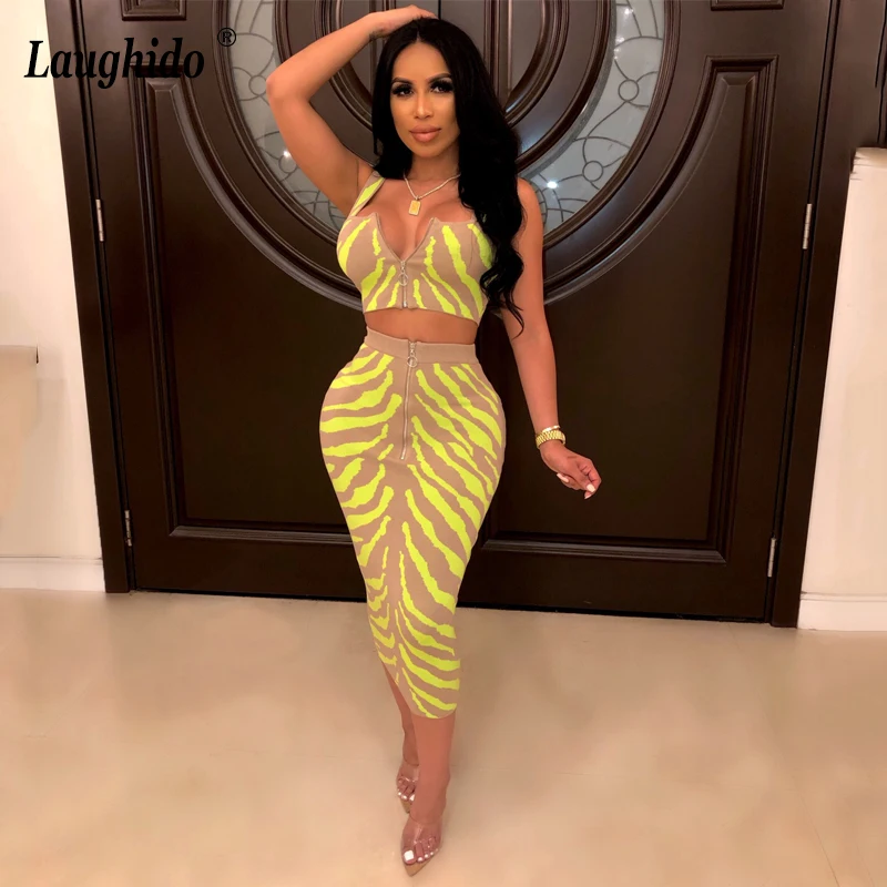 

Laughido Yellow Green Women Sets Sleeveless Tank Top And High Waist Bodycon Skirts 2 Piece Sets Prints Casual Suit Sexy Outfits