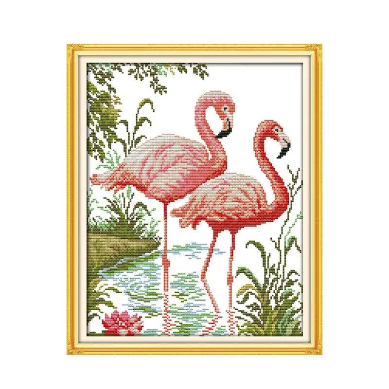 

Two flamingo animal pattern cross stitch kit, the flamingo foraging for the lake hand embroidery DMC embroidery thread painting