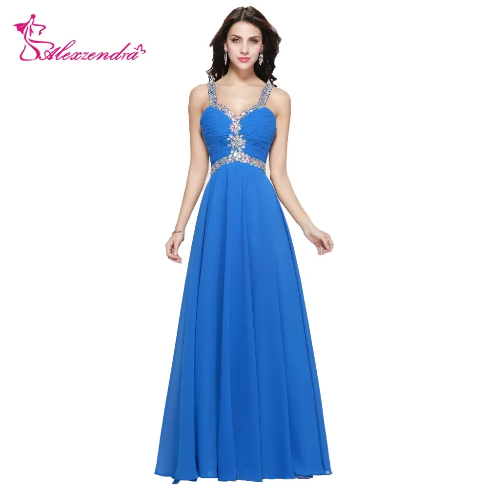 Alexzendra Beaded Crystal Belt Blue Chiffon Prom Dresses with Spaghetti Straps Sweetheart Evening Gowns Party Dress Plus Size | Свадьбы и