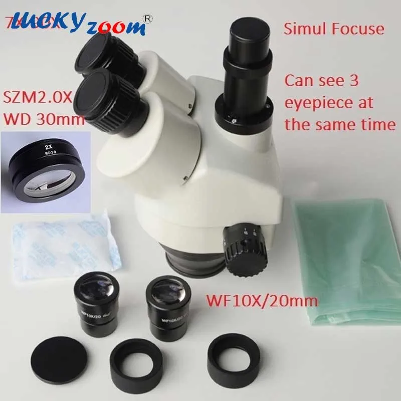 Luckyzoom бренд 7X-90X Simul-Focal Тринокулярный зум стерео микроскоп головка WF10X/20 SZM2.0X WD30mm аксессуары для микроскопии