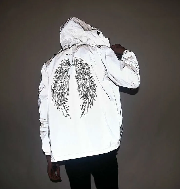 

men’s 3M reflective jacket waterproof men /women harajuku hooded hip-hop wings streetwear windbreaker jackets night shiny coats