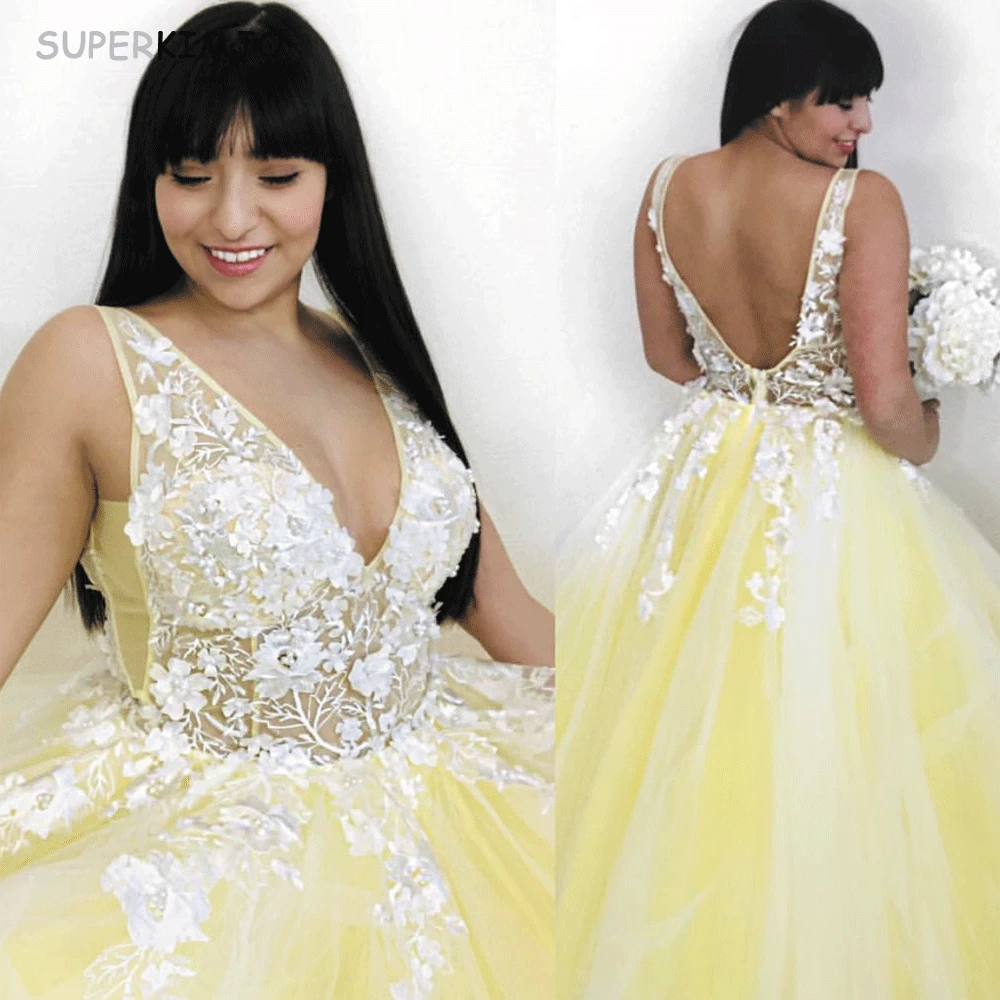 

SuperKimJo Plus Size Prom Dresses 2019 Yellow Lace Applique 3D Flowers V Neck Pregnant Prom Ball Gown Vestido De Gala