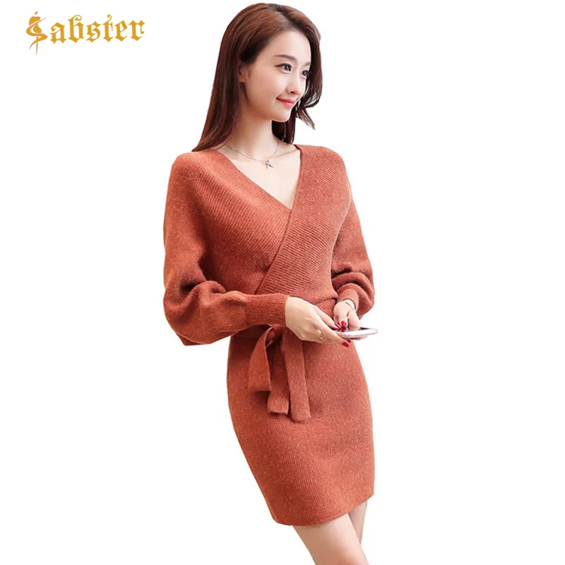 

Autumn Winter Women Sexy Mini Dresses Solid V-Neck Batwing Sleeve Elegant Knitted Sweater Dress With Belt
