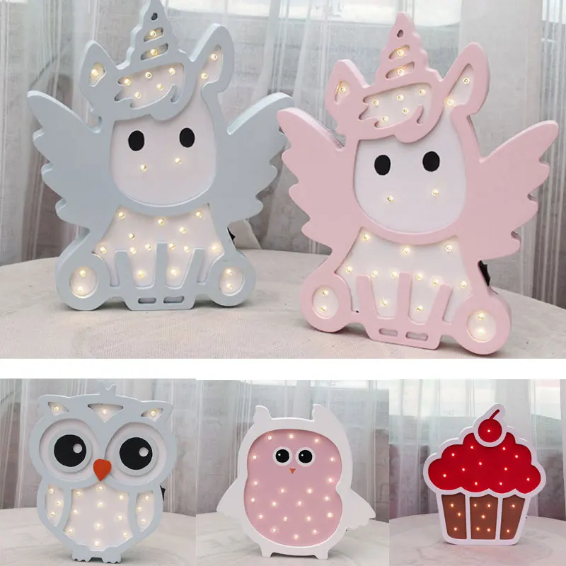 

Pink Blue Kids Baby Room Led Night Light Unicorn Owl Elephant Battery furniture Night Lamp Home Coffee Shop Decoration Wall Lamp