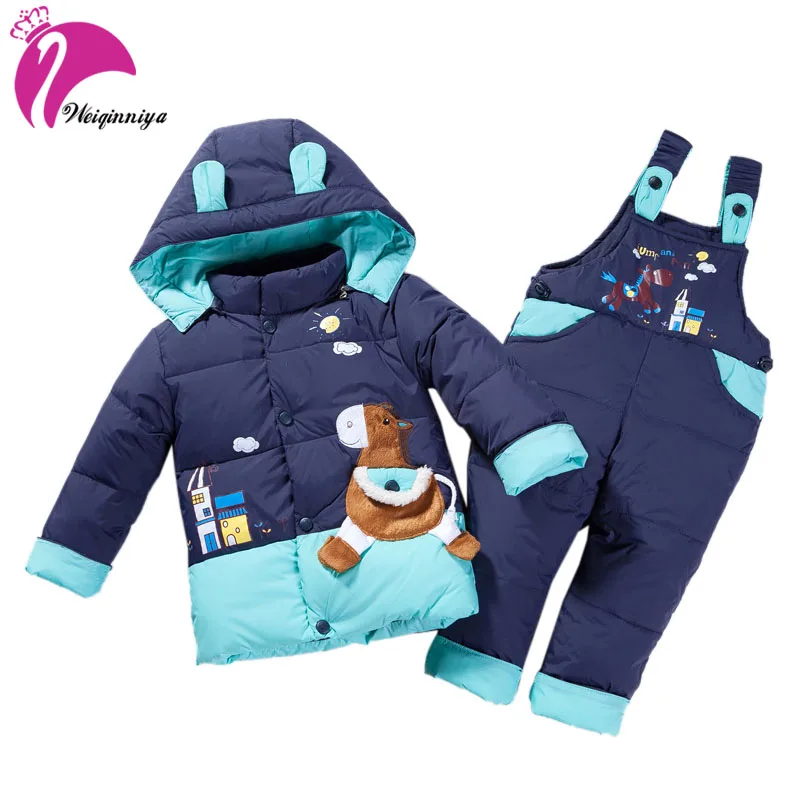 

weiqinniya Boys Down Parkas Jacket Set Winter 2018 Kids Cartoon Down Tracksuit For Boys Children Hooded Parka Bib Sets For Girls