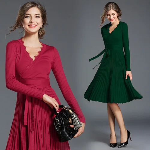 

quality Newest Fashion Runway 2018 Women's V-neck solid Knitting Casual Pleated Dresses V Neck Robe Femme party evening