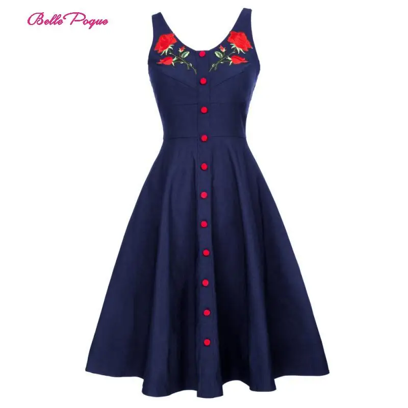 

Belle Poque Retro Sexy Womens Vintage Swing Dresses Sleeveless U-Neck Floral Flower Embroidery Party Pleated Flared A-Line Dress