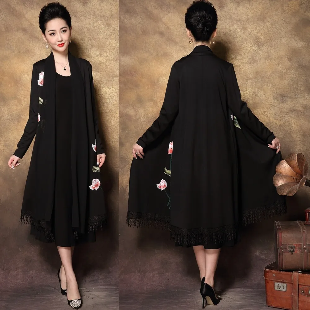 

Elegant Mother long dress retro Floral Embroidery Two pc dress middle age Women tassels party dresses Plus size longos vestido4X