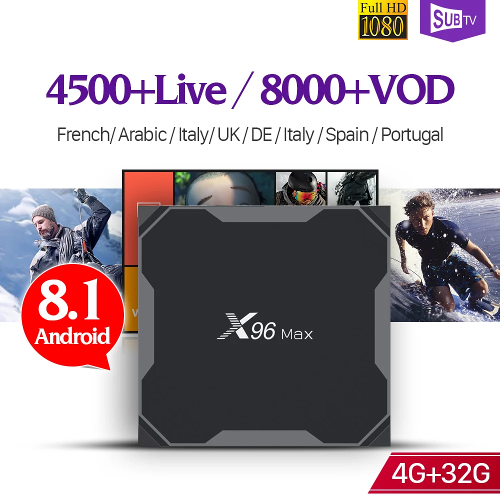 

X96 MAX SUBTV IPTV 1 Year Subscription Android 8.1 4+32G BT Dual-Band WIFI IP TV France Arabic Portugal Dutch Italy Spain IPTV