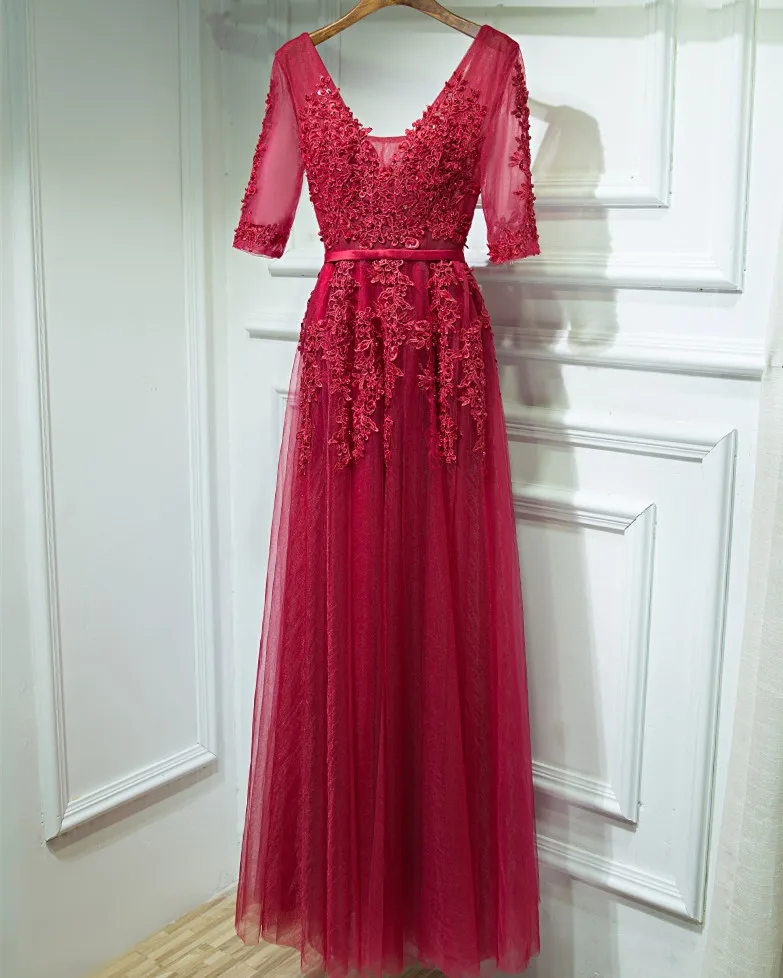 burgundy half sleeve Vestido De Festa, винтажное кружевное платье с v-образным вырезом и рукавами-крылышками, темно-синие платья подружки невесты, женские вечерние платья - Цвет: burgundy half sleeve
