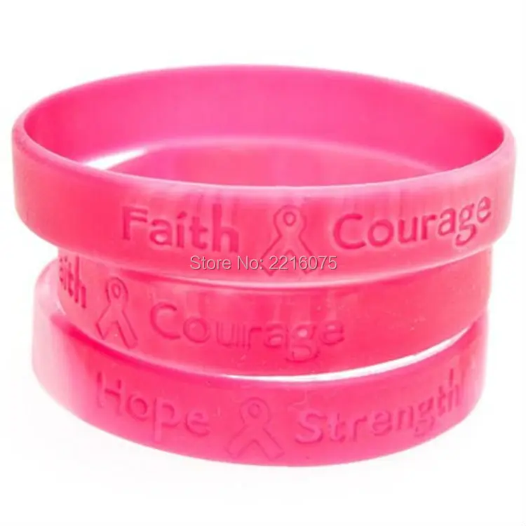 300pcs pink ribbon hope strength faith courage silicone wristband