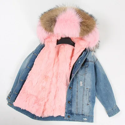 Зимняя куртка для женщин натуральный мех пальто парка енота воротник кролика рекс лайнер бомбер джинсовая Уличная мода - Цвет: color 9