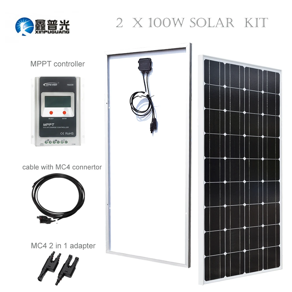 

Xinpuguang 2*100w 18V Stand Solar Kit/Panel/System Monocrystallie Silicon EPSOLAR MPPT Controller MC4 Connector Home Appliances