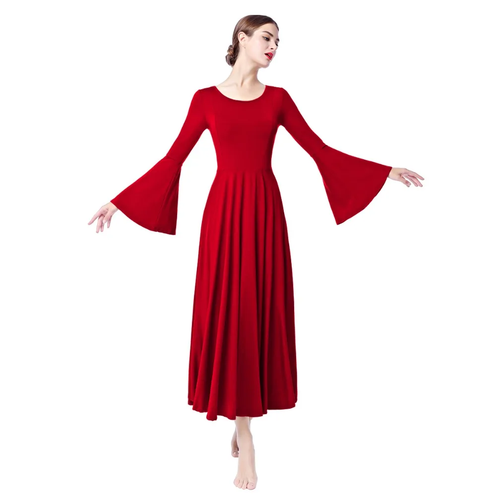 

2019 Hot Red Ballroom Dance Dress Women Adult Liturgical Praise Dress Waltz Tango Latin Dancer Costume Pleated Swing Long Dress