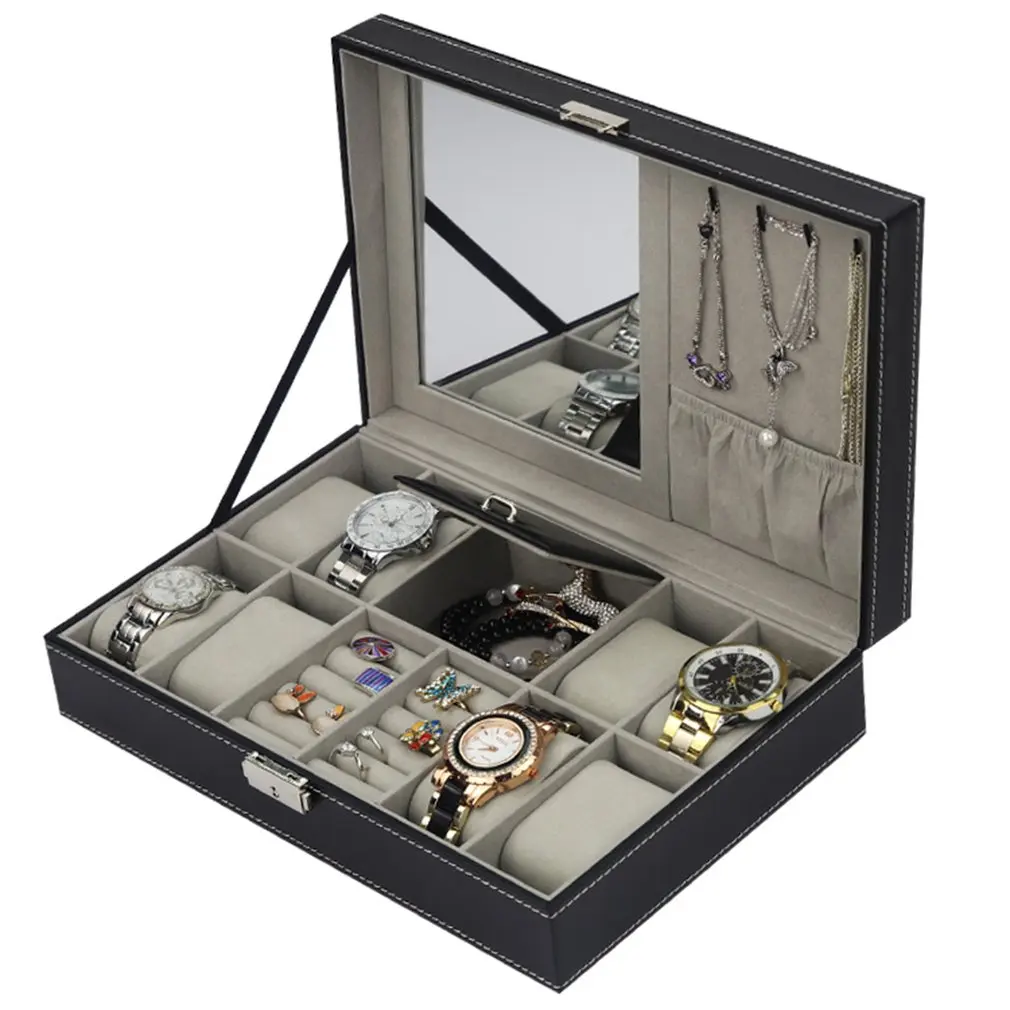 Коробка для часов из искусственной кожи, чехол для ювелирных изделий, многофункциональная коробка для хранения, органайзер для сережек, колец, браслетов, часов, ювелирных украшений, держатель для дисплея