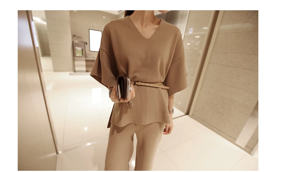 Women's suit female  spring and autumn new V-neck bat sleeve knit loose shirt + wool wide leg slim pants knit suit women plus size sweat suits