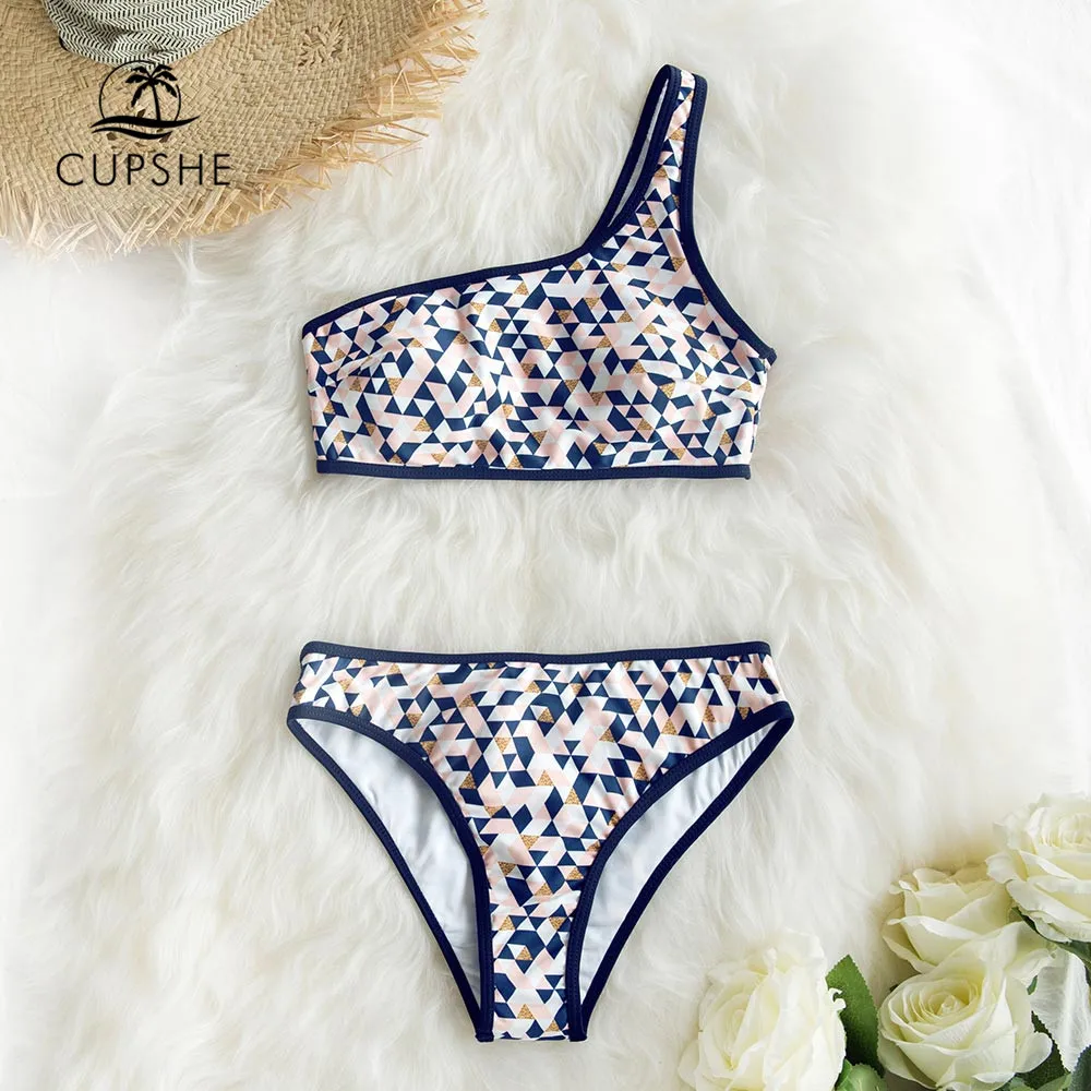 

CUPSHE Pink And Navy Geometric Triangle Print One-shoulder Bikini Swimsuit Two Pieces Swimwear Women 2019 Beach Bathing Suits