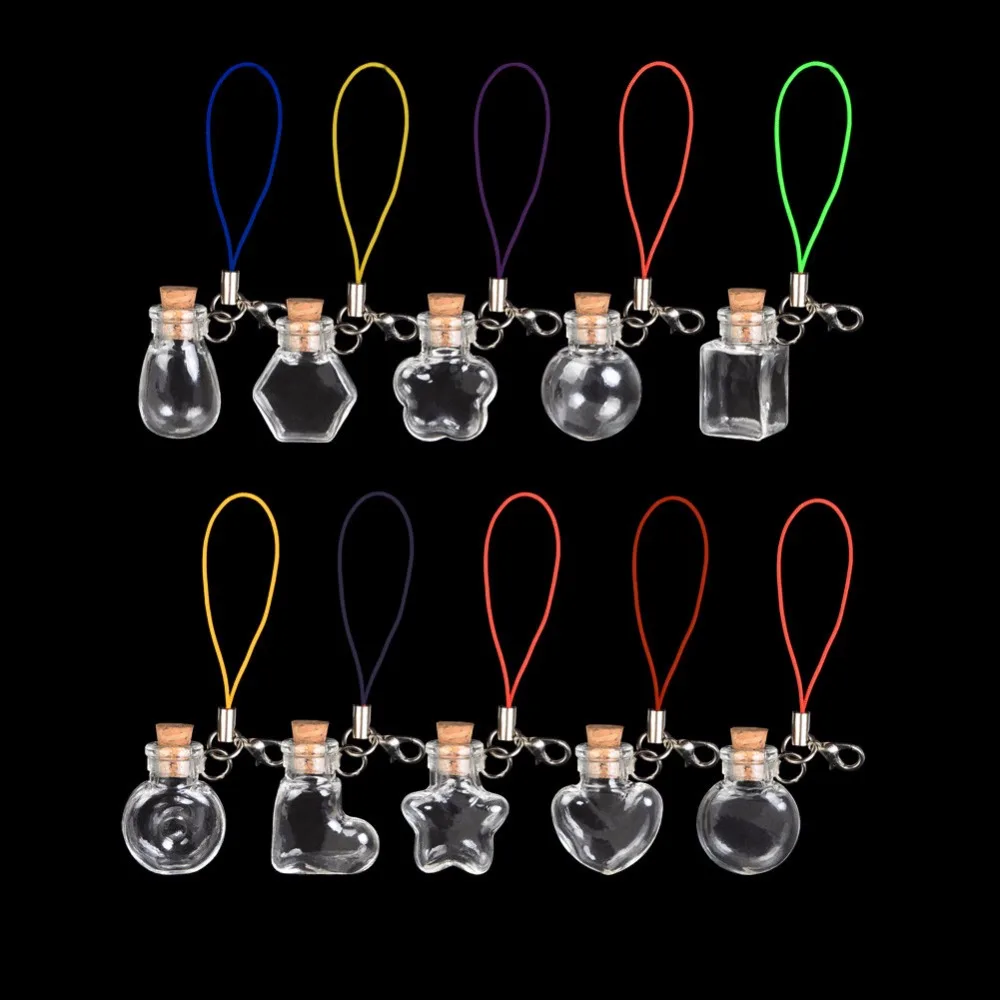 Mixed 10 Shape Mini Glass Bottles Key Chain Pendants Small Wishing