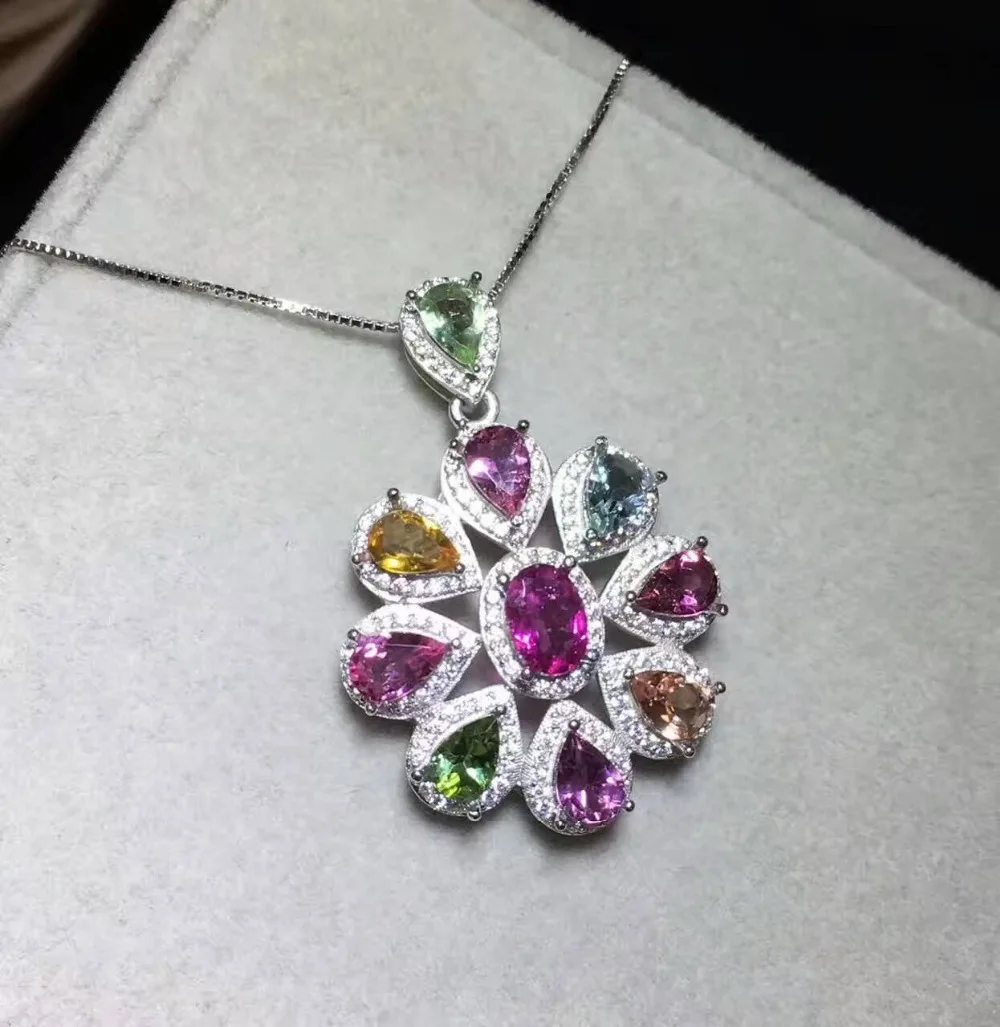 natural multicolor tourmaline pendant S925 silver Natural gemstone