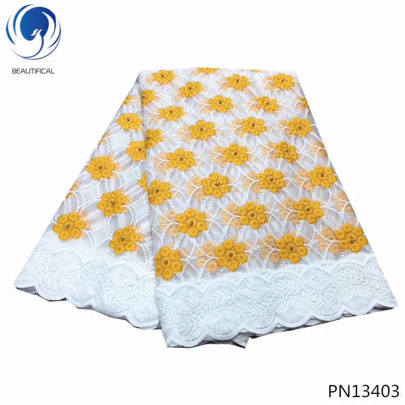 

BEAUTIFICAL Tender yellow tulle lace fabrics 2019 white african embrodery laces nigerian lace fabrics hot products 5yards PN134
