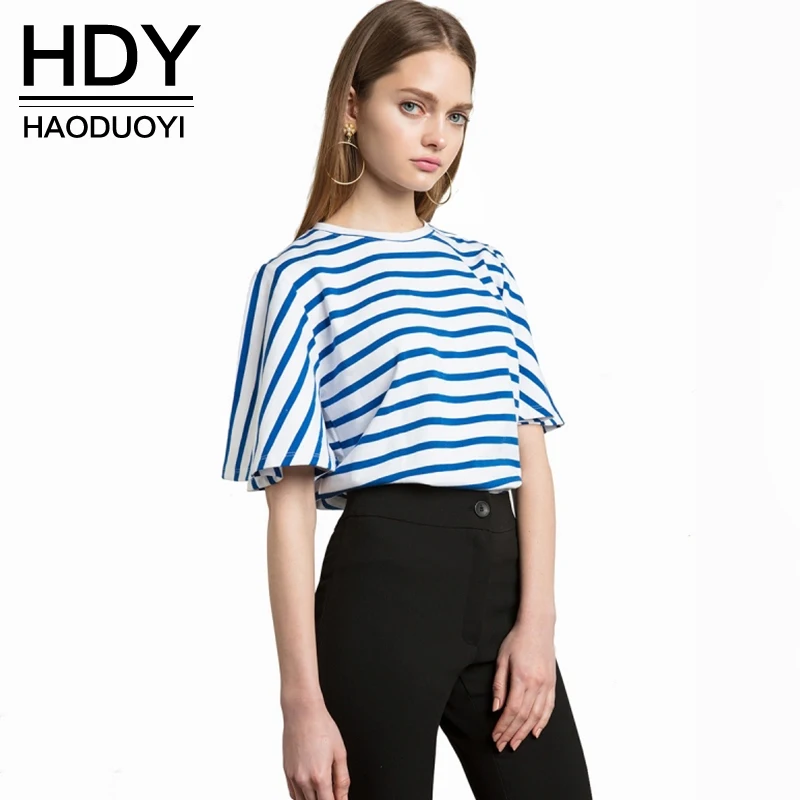 Najtaniej HDY Haoduoyi 2017 Moda Bluzka Kobiety Casual Loose Niebieskie Paski Lady Tops Granatowy Styl Połowa Rękawem Kr oacute;tkie Kobiet Koszula Lato