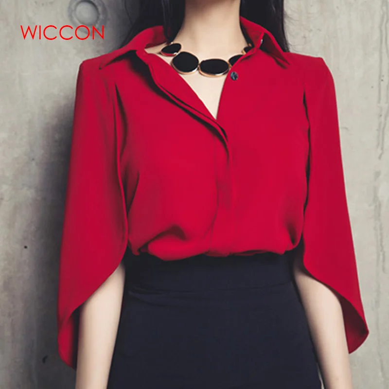 

2019 Autumn New Fashion Women's Elegant Blouses Solid Capes Chiffon Blouses Shirt Tops Womens Clothing Red Blue