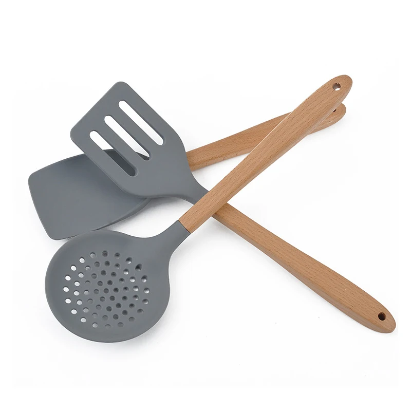 Beech Handle Non-stick Scoop Spatula Silicone Cooking Tool Sets Kitchen Utensils High Temperature Resistant Cooking Tools Gray Beech Handle Non-stick Scoop Spatula Silicone Cooking Tool Sets Kitchen Utensils High Temperature Resistant Cooking Tools Gray