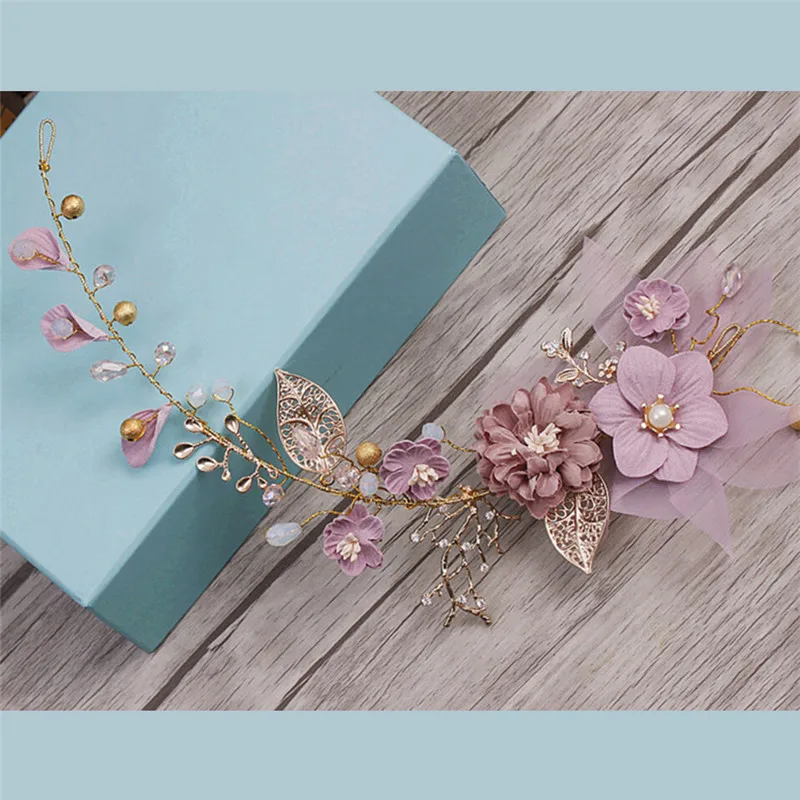 Handmade Gold Purple Series Flower Headdress Bride Long Hair Wedding Hair Ornaments Bridal Beach Wedding Hair Decoration
