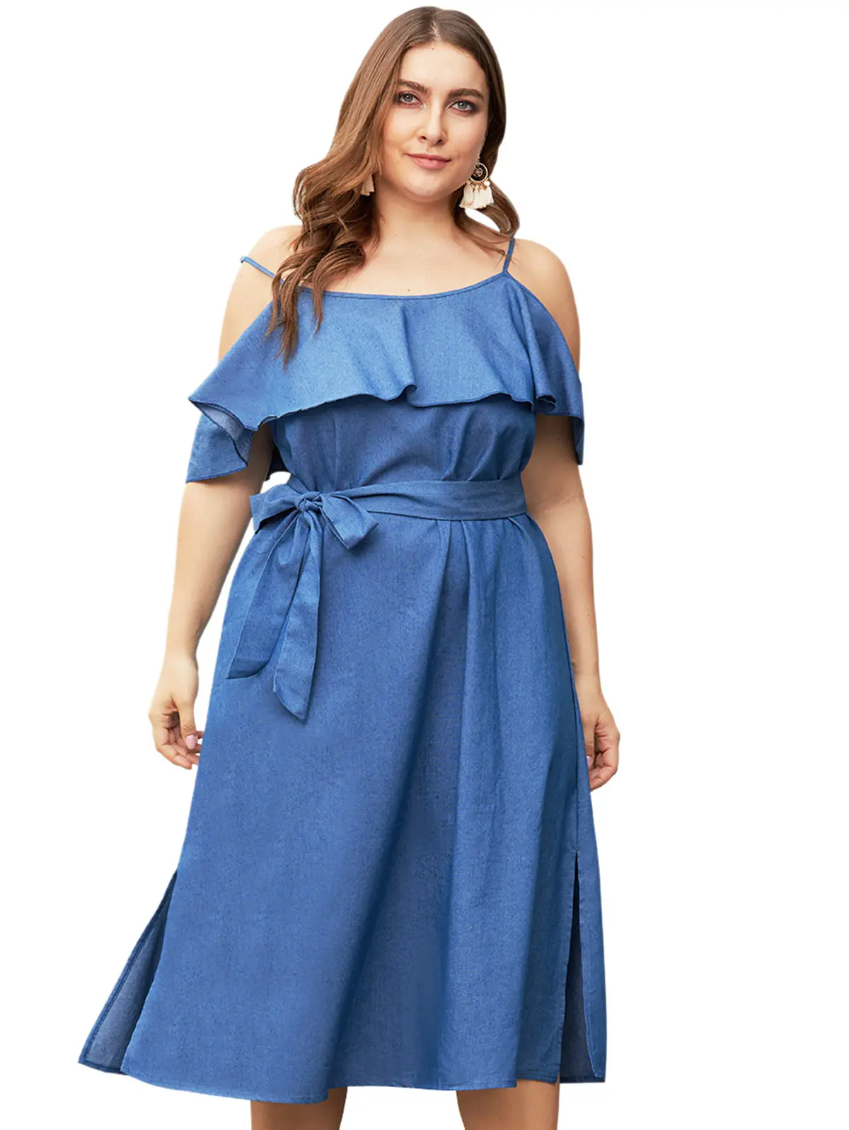

Wipalo Women Plus Size Ruffle Chambray Mid-Calf Dress Spaghetti Strap Cold Shoulder A-Line Belted Dress Solid Casual Vestidos