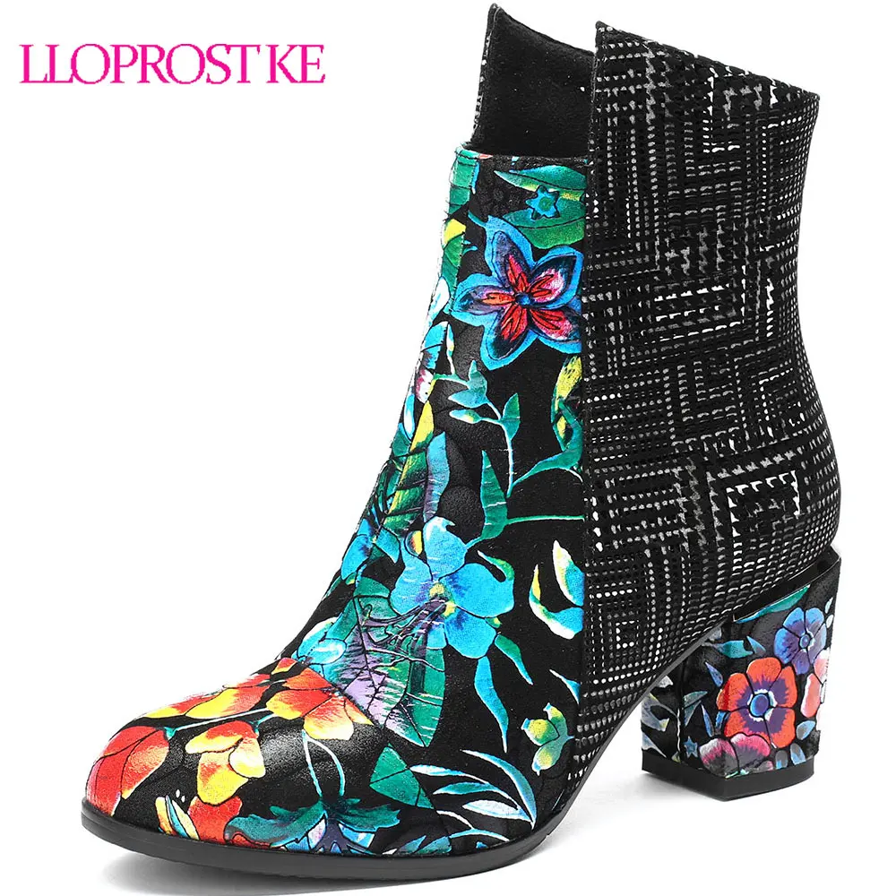 

Lloprost ke Women Boots Autumn Winter Embroider Ankle Boots Platform High Heels Round Toe Boots Zip Motorcycle Boots shoes D795
