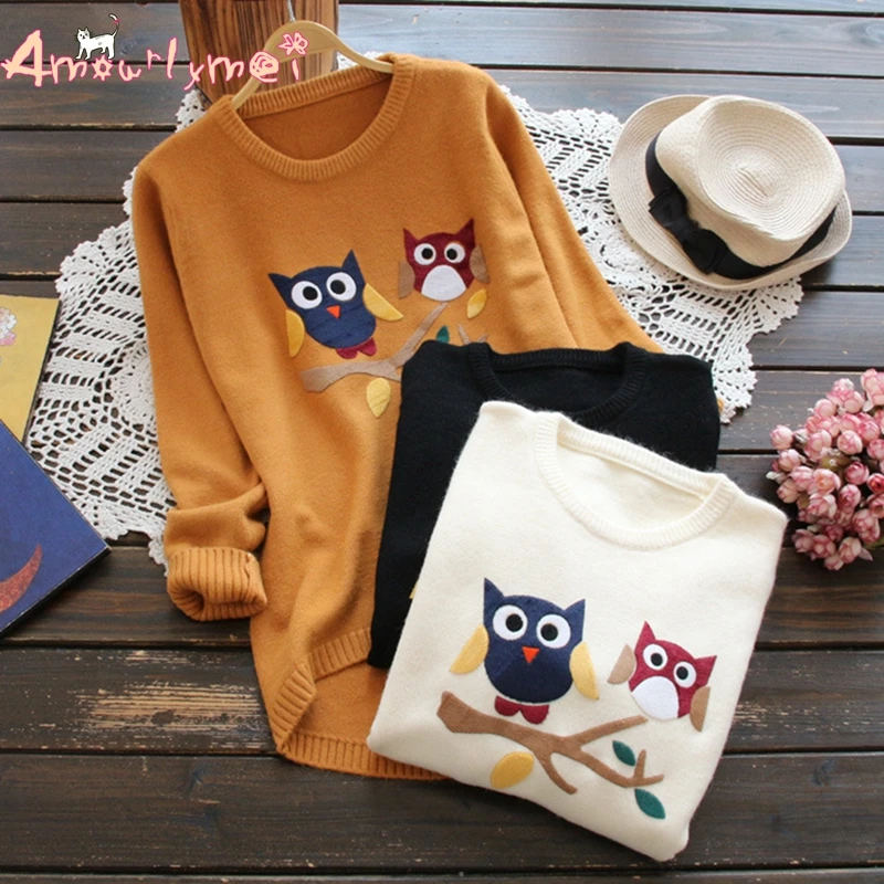 

Amourlymei 2018 Autumn Women Sweater Mori Girl Solid Color O-neck Cartoon Owl Long Sleeve Knitted Sweaters Pullover Tops Female