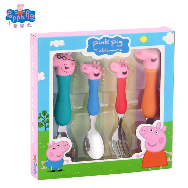 

2019 New 4pcs Peppa Pig Daily Dining Spoon Fork Children Tableware Cute Cartoon Model Grip Spoon Set Kids Christmas Gifts Toys
