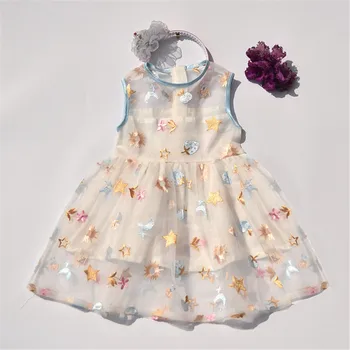 

Girl's O-neck Sleeveless Hollow Out 5 Stars Embroidery Casual Fashion A-line Dresses Casual Knee Length Top Dresses