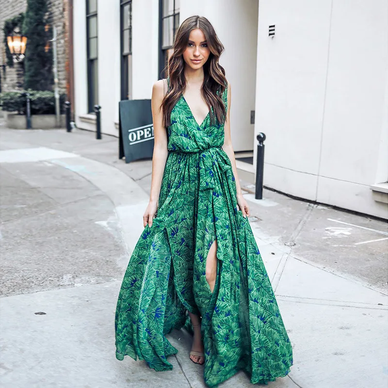 

KHALEE YOSE Green Floral Print Maxi Dresses Party Long Dress Women Tie Lace Up Elastic Waist Sleeveless Split Sexy Elegant Dress