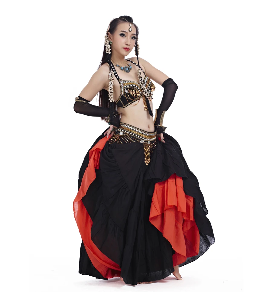 Профессиональный Племенной костюм для танца живота набор бюстгальтера и пояса для женщин Цыганская юбка профессиональное представление индийских дам платье