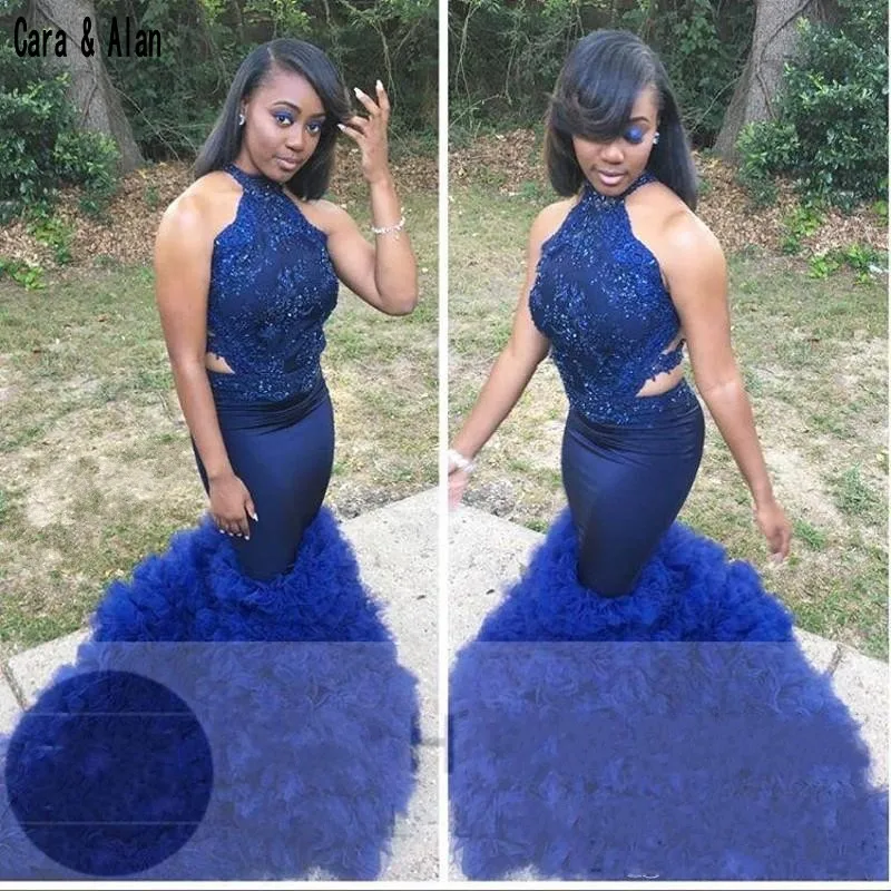 2019 Black Girl Royal Blue Prom Dresses 2k19 Mermaid High Neck