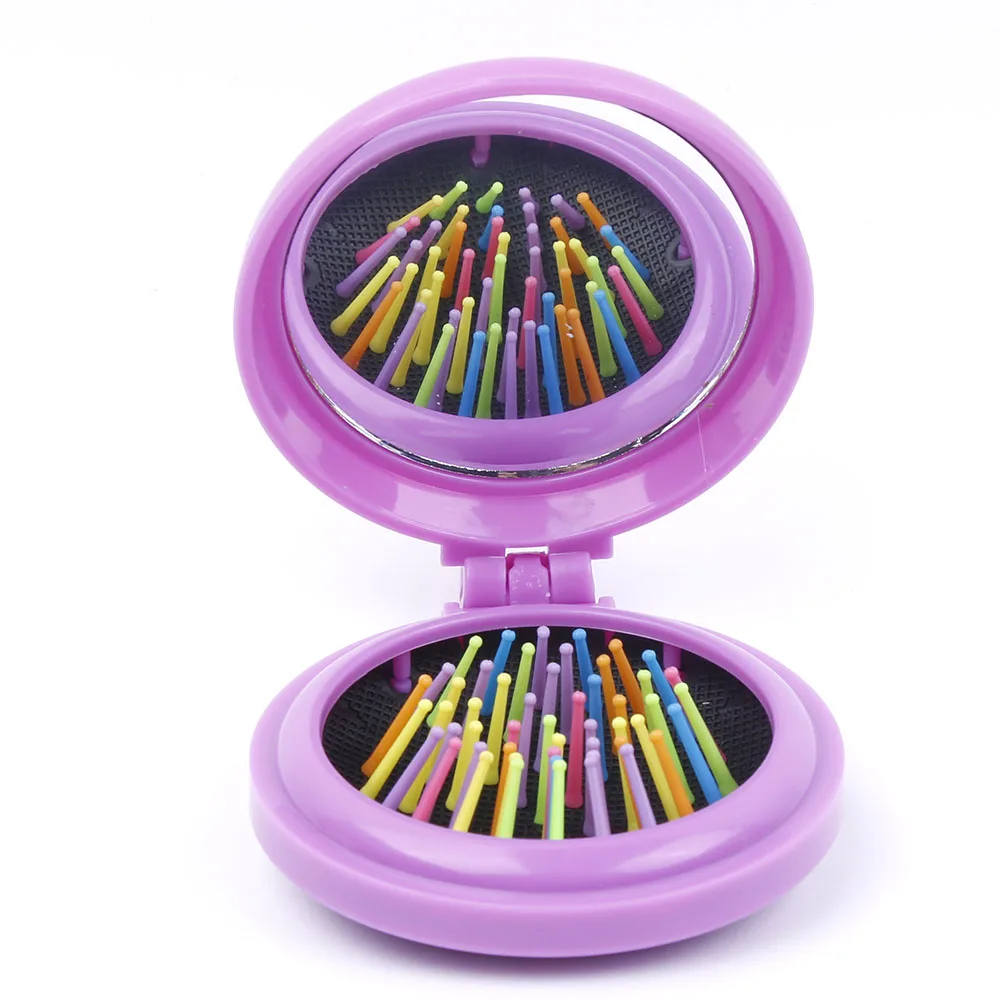 1 шт. новая портативная складная мини-расческа для девочек, массажная круглая щетка для путешествий с зеркалом, милая круглая расческа для волос - Цвет: Фиолетовый