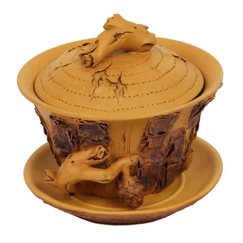 

Authentic Pure hand-made purple clay Gaiwan handle imitation wood Gaiwan Chinese Kung Fu zisha tea cup Home Collection tea set