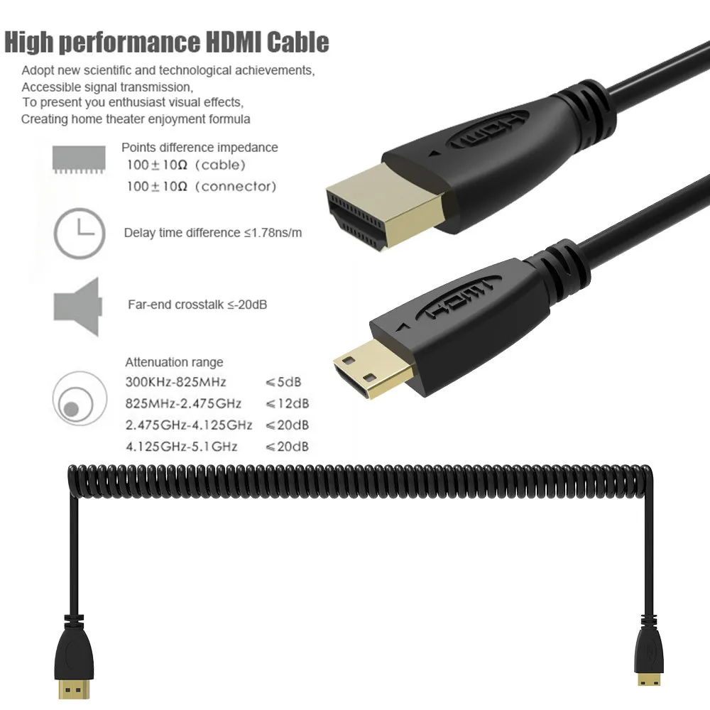 Robotsky позолоченный стрейч Весна мини HDMI к HDMI Мужской кабель эластичный HDMI Cabo для видео Камера HDTV проектора Поддержка 4K 3D