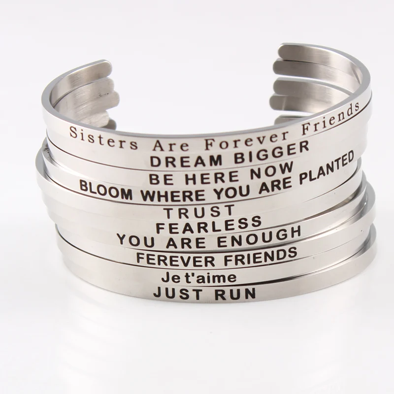 

2019 New 4MM Stainless Steel Engraved Message Bracelet Personalized Positive Inspirational Mantra Bracelet & Bangle