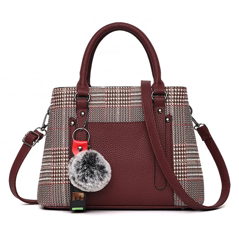 Women Leather Lattice Handbag Female Hairball Crossbody Shoulder Bags Lady Fashion Messenger Tote Top-Handle Purse Sac SS7256 (1)