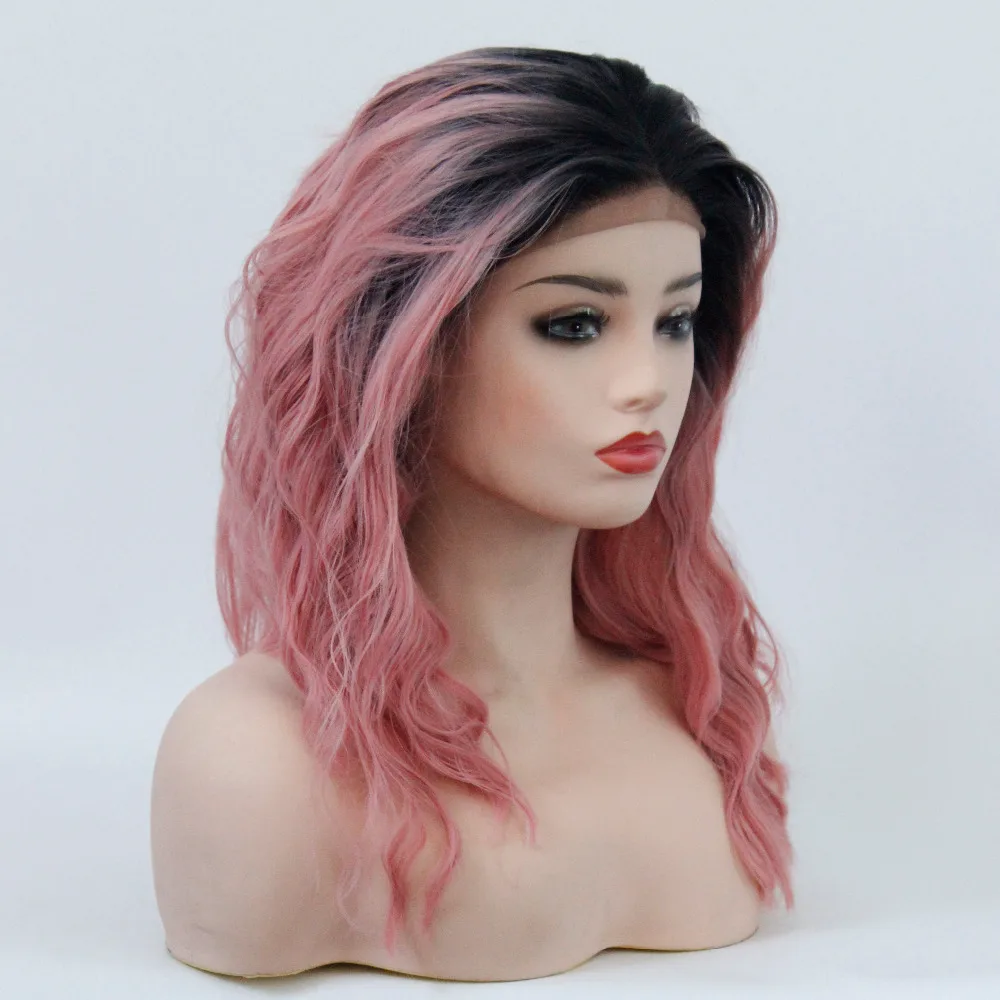 Peach Color Short Bob Synthetic Lace Front Wig Pastel Pink Ombre Black Roots Water Wave Heat Resistant Fiber Women Haircut Middle Part-9