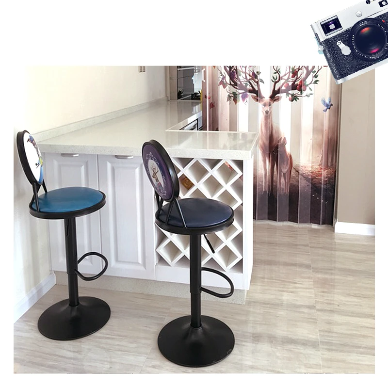 European Style Iron Bar Chair Lifted Rotated Retro Printing High Stool with Backrest Multi-purpose PU Seat Front Desk Chair European Style Iron Bar Chair Lifted Rotated Retro Printing High Stool with Backrest Multi-purpose PU Seat Front Desk Chair
