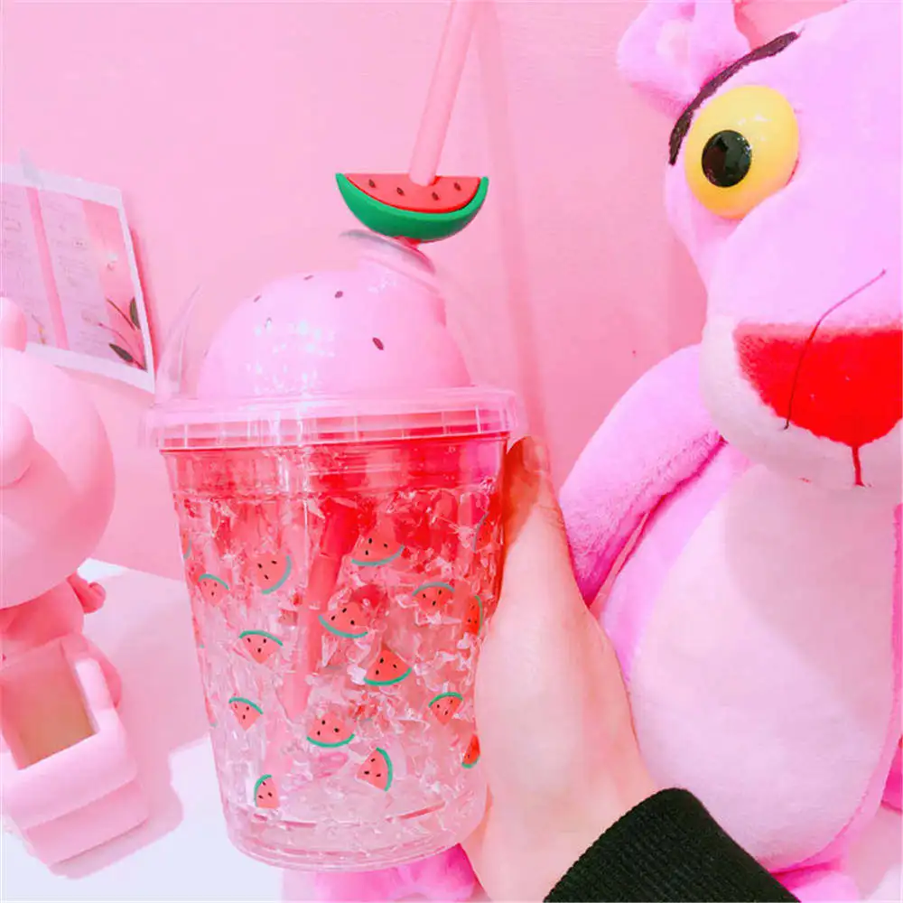 Летняя пластиковая крутая чашка Kwaii, розовая соломенная чашка с арбузом, уплотнение для здорового питания, высококачественный гель-хладагент