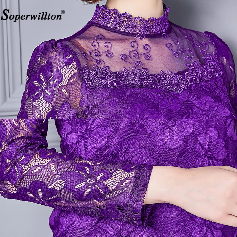 Женская блузка с длинным рукавом кружевом|women blusas|blusas fashionblusas plus |